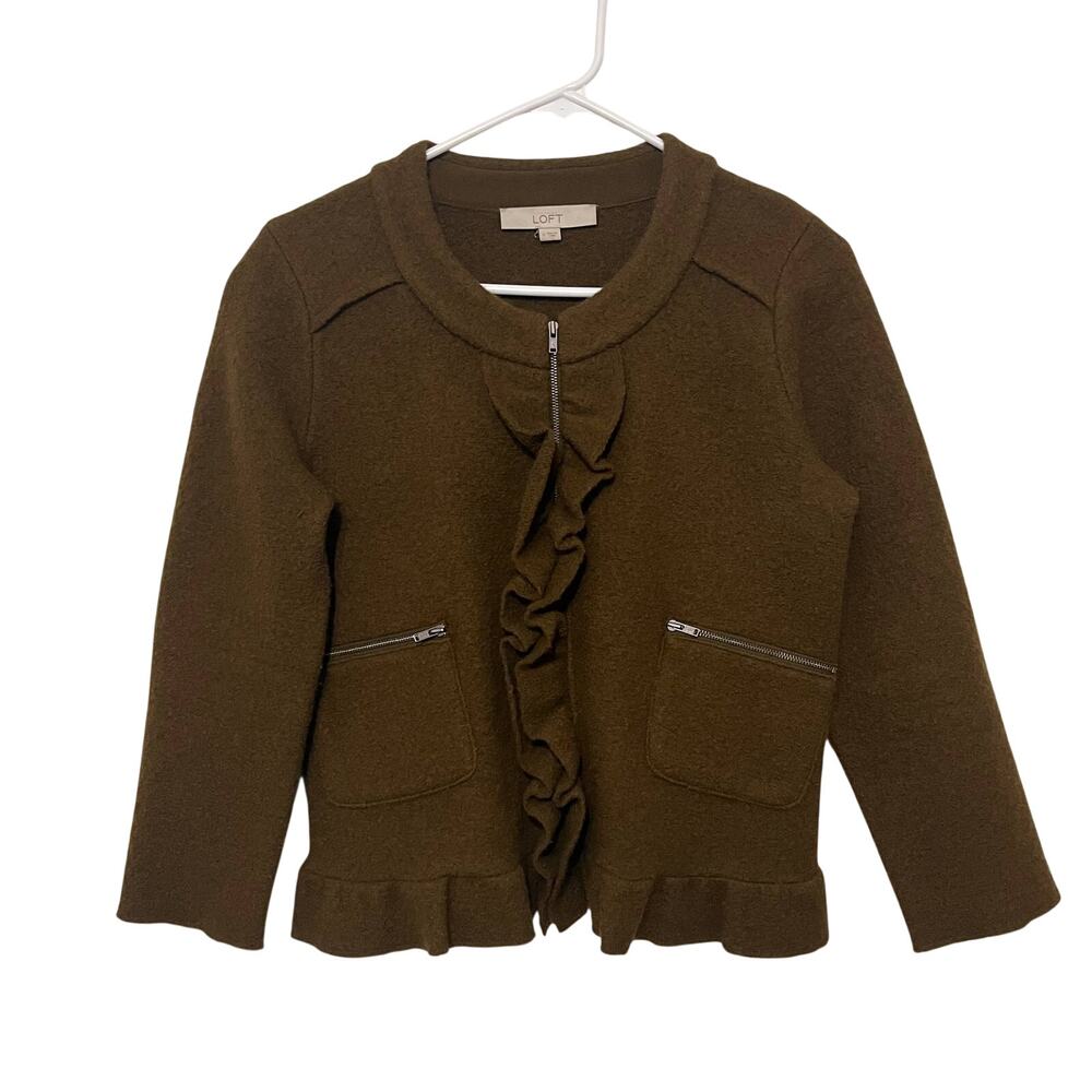 LOFT Merino Wool Cardigan Small Olive Green Ruffle Zip Front Grandmacore Office